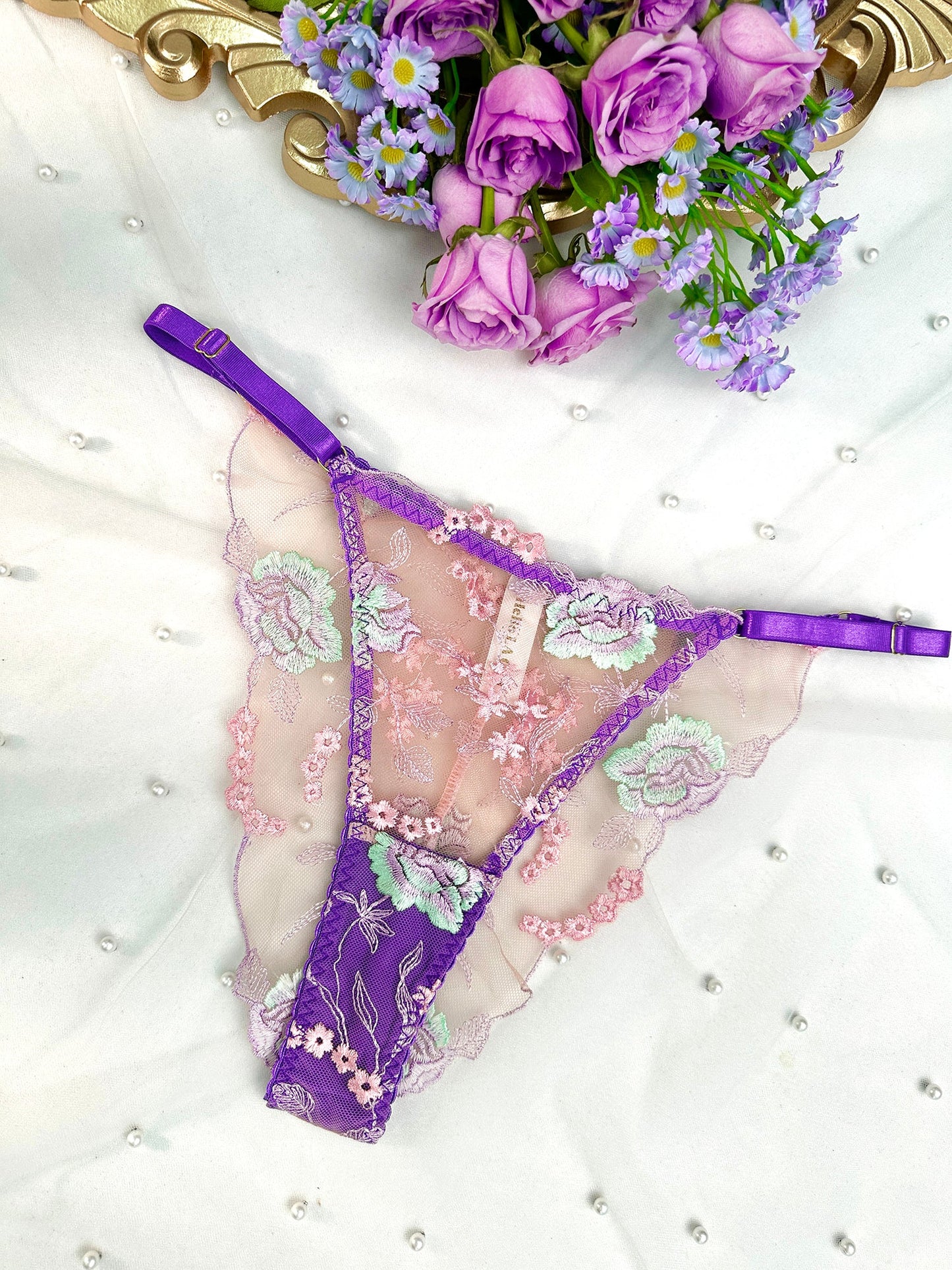 Purple Petal Embroidered Lingerie Set