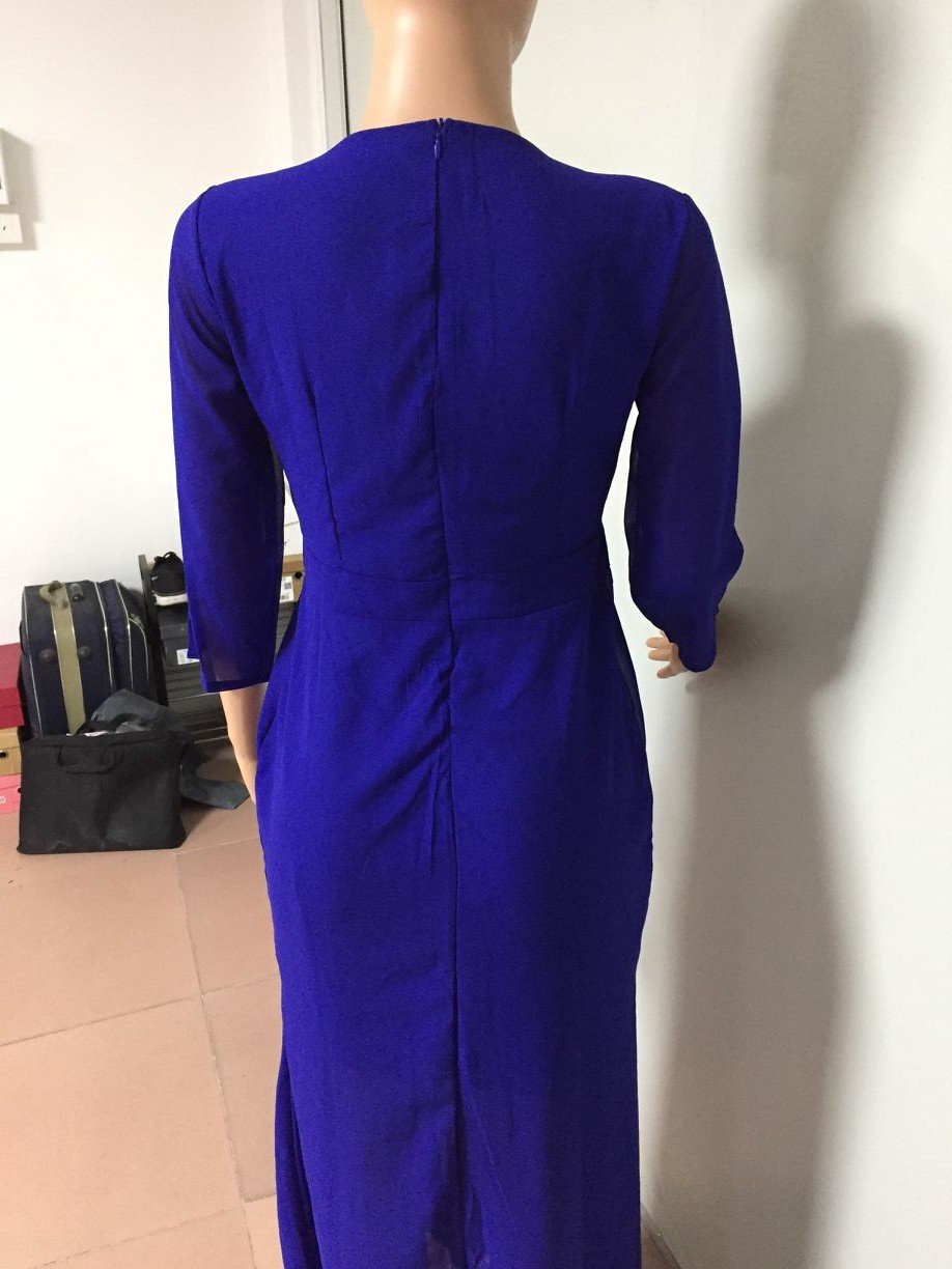 Clearance Slim Pure Color 3/4 Sleeves Pleated Long Maxi Dress