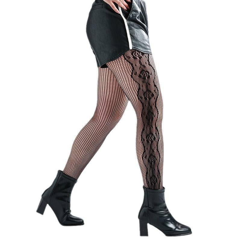 New Side Rose Fishing Net Lace Thin Grid Pantyhose