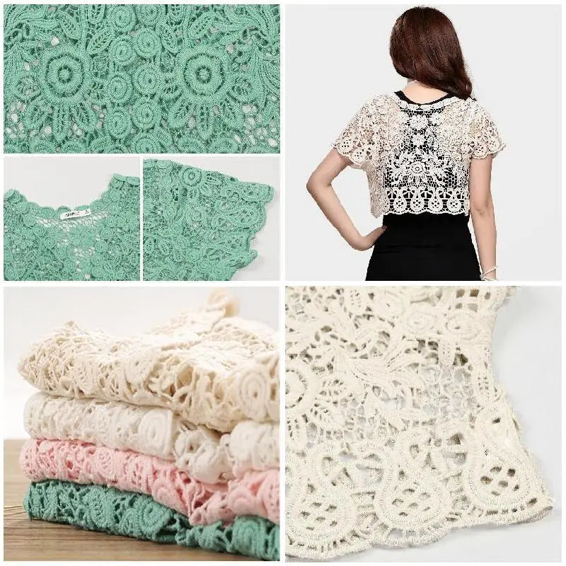 Free shipping for Women Short Sleeve Crochet Shrugs Hollow Out Flower Lace Open Front Cropped Cardigan Sunscreen Jacket Sport Running Vest