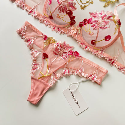 Free Shipping For Pink Flower & Cherry Embroidery Mesh Panty Lingerie