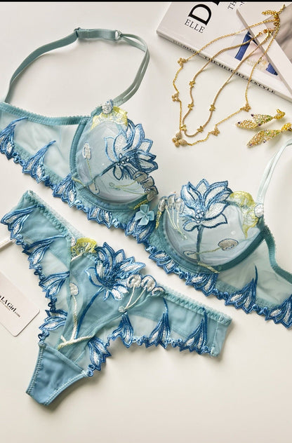 Free Shipping For Blue Flower & Cherry Embroidery Underwire Bra Lingerie