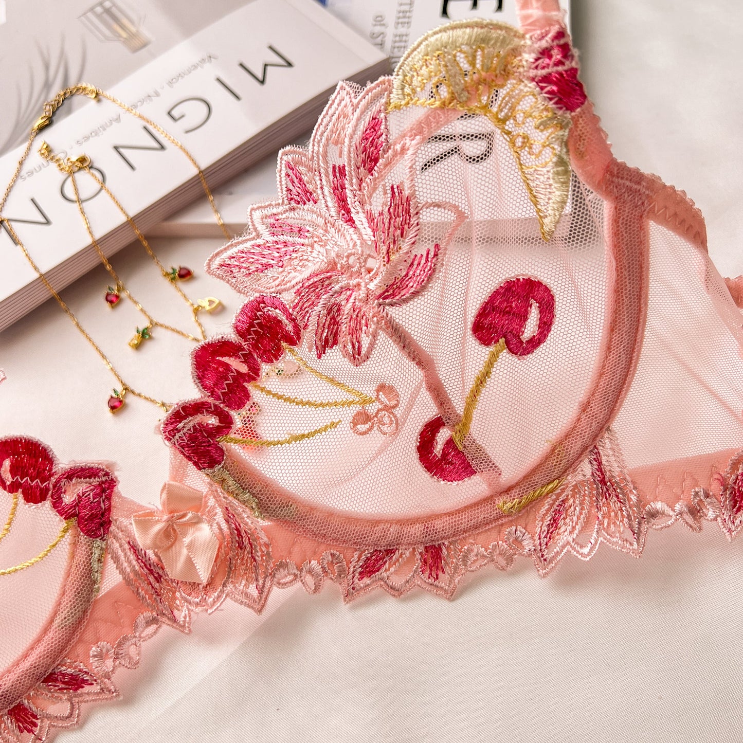 Free Shipping For Pink Flower & Cherry Embroidery Underwire Bra Lingerie