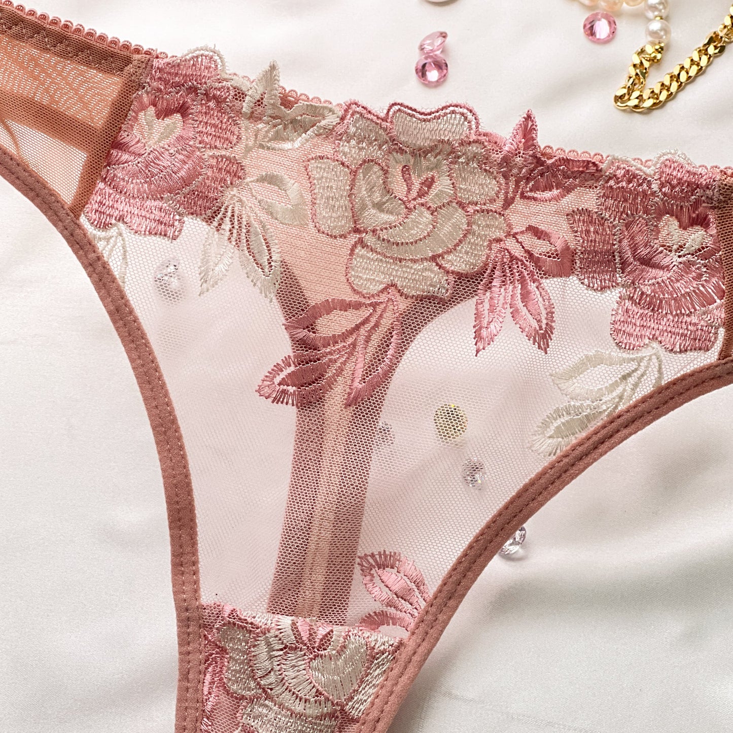 Free Shipping For White Flower Embroidery Mesh Thong Lingerie Underwear