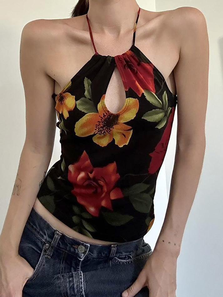 Halter-Neck Floral Print Cut-Out Slim-Fit Crop Cami Top