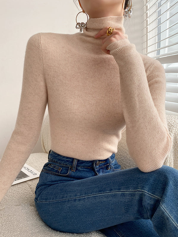 Simple Skinny Solid Color High-Neck Sweater Tops Pullovers-Homeunderwear