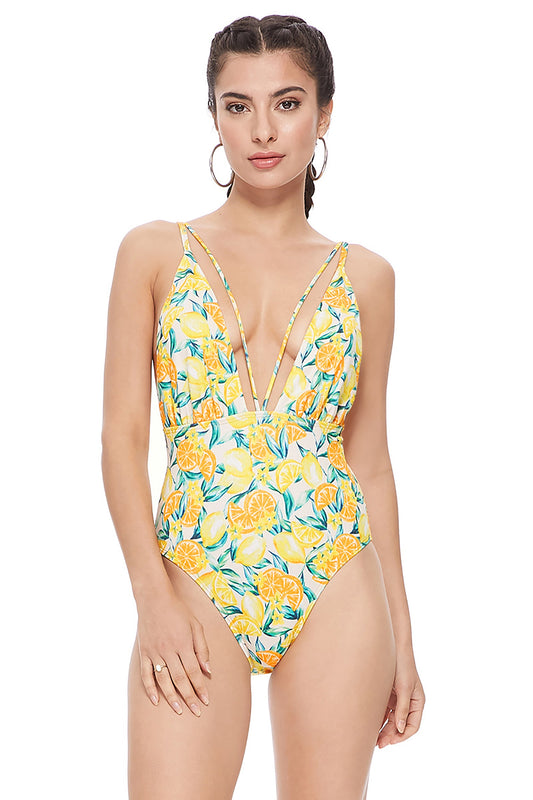 Free Shipping For Lemon Print Plunge One-piece Swimsuit