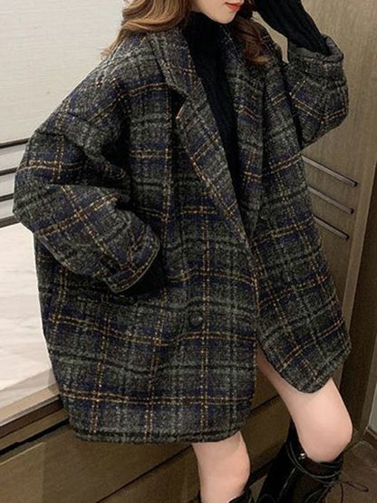 Original Long Sleeves Loose Keep Warm Plaid Notched Collar Blazer Outerwear