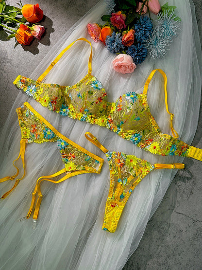 Free Shipping For  Yellow Flowers Embroidery Lingerie Set 3PC