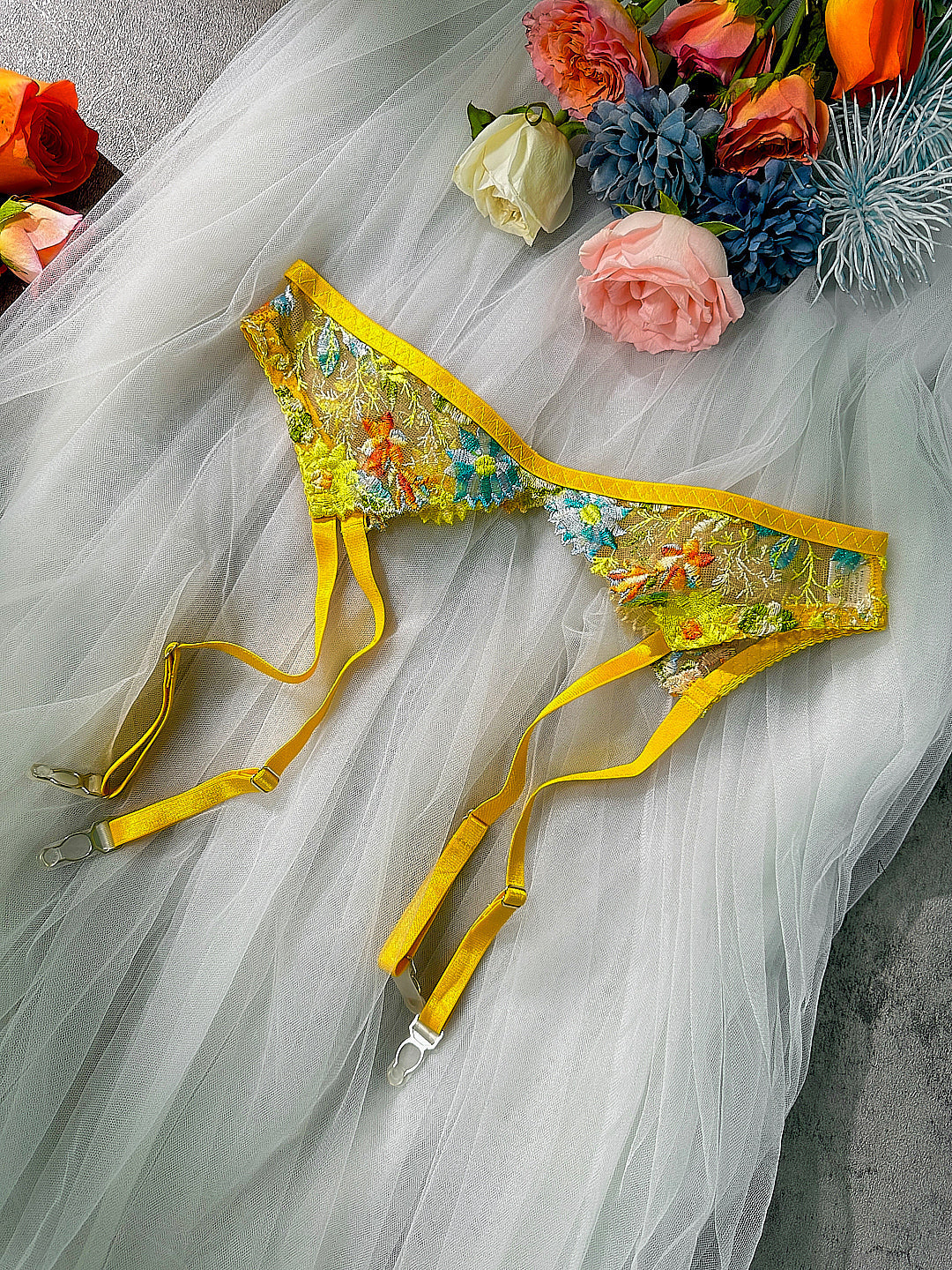 Free Shipping For  Yellow Flowers Embroidery Lingerie Set 3PC