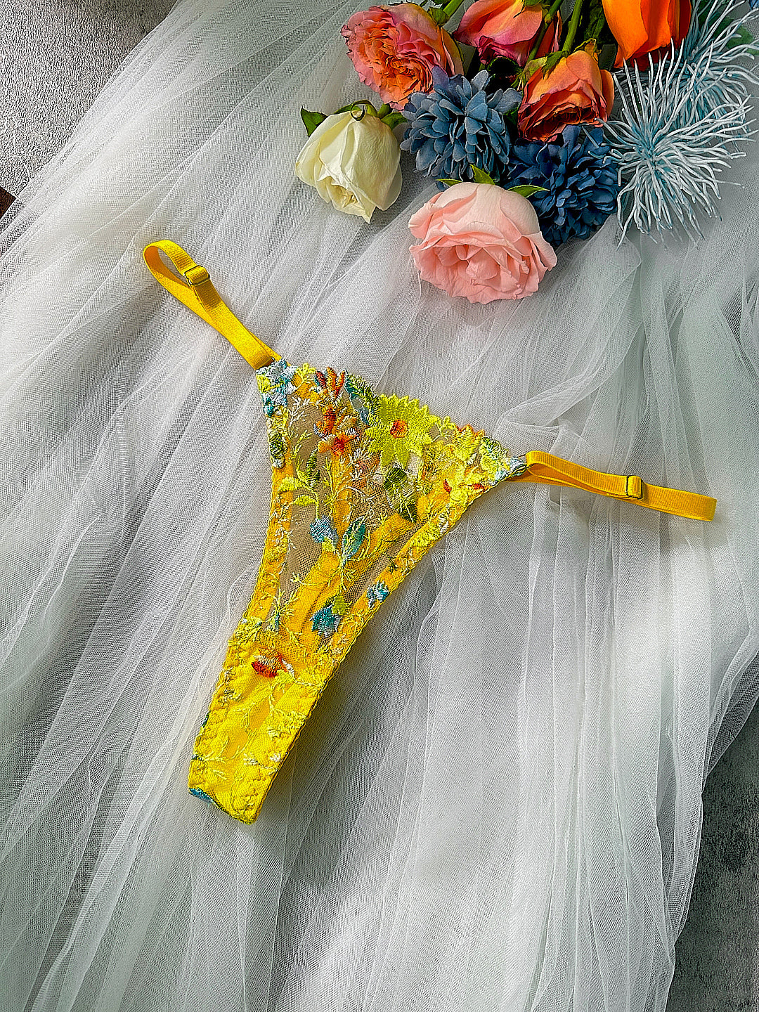 Free Shipping For  Yellow Flowers Embroidery Lingerie Set 3PC