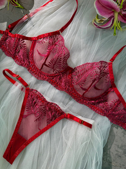 Free Shipping For  Wine Red Elegant Essence Embroidery Lingerie Set