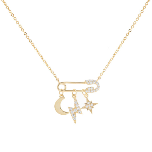 Free Shipping For Golden Plated Paperclip Star Moon Lightning Necklace