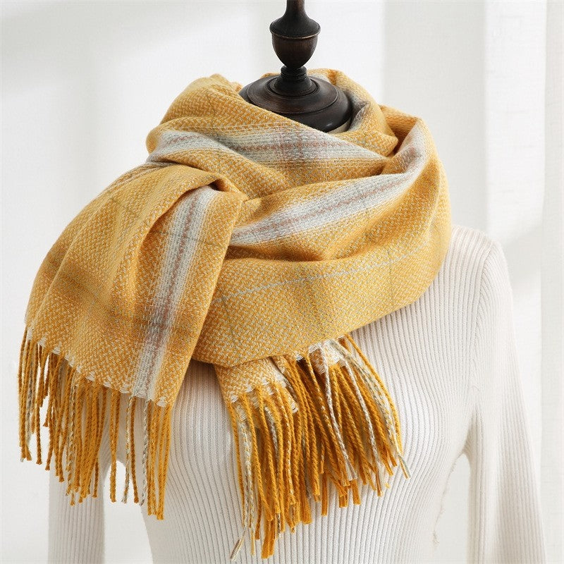 Imitated Cashmere Warm Plaid Tassled Shawl Scarf