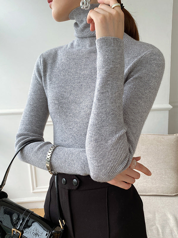 Simple Skinny Solid Color High-Neck Sweater Tops Pullovers-Homeunderwear