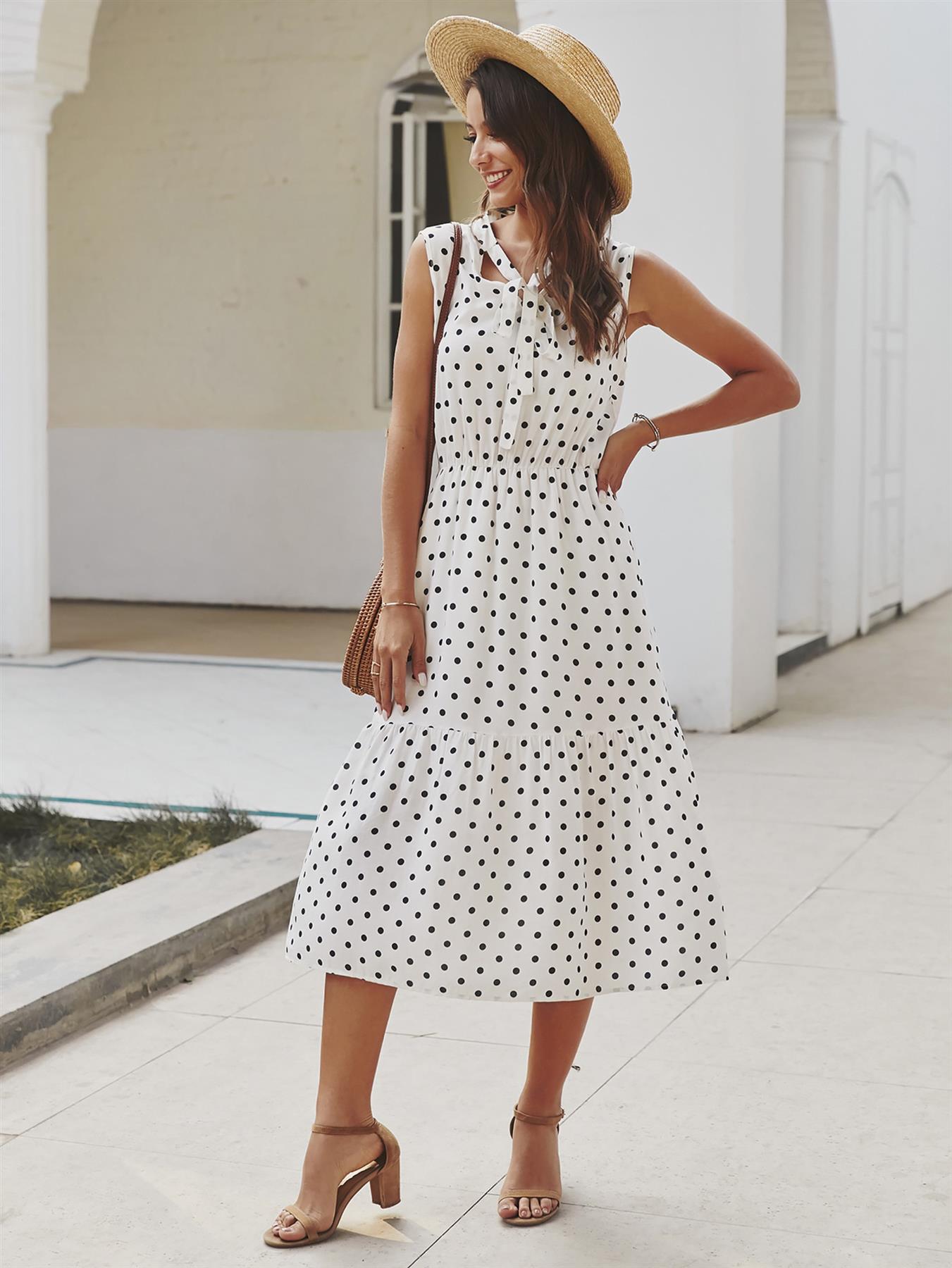 Tiered Midi Dress In White Polka Dot