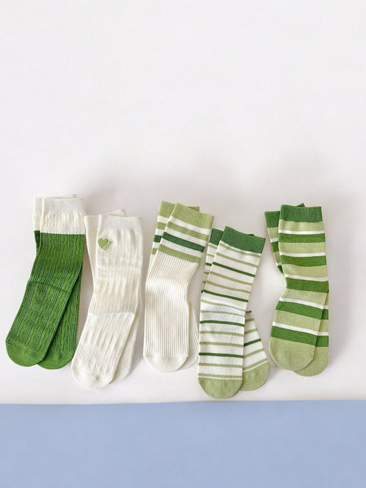 Women's Striped and Heart Embroidered Socks in Green Tones