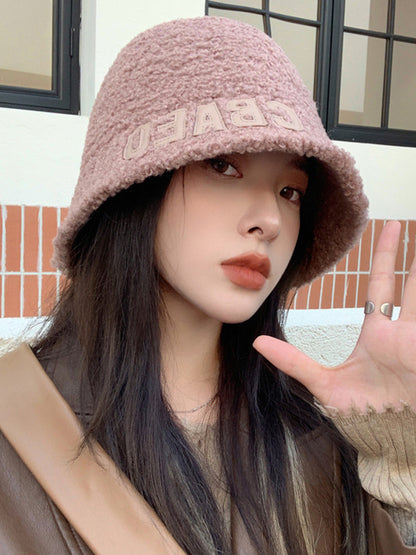 Casual Keep Warm Solid Color Letter Applique Bucket Hat-Homeunderwear