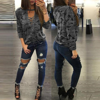 V-neck Camouflage Print Long Sleeves Blouse