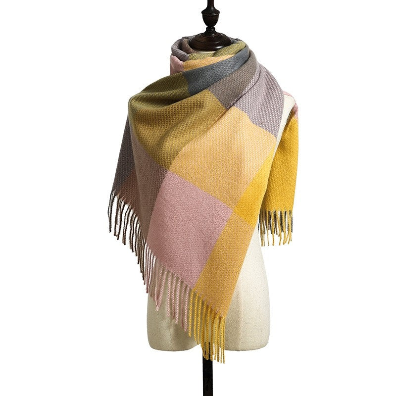 British Style Imitated Cashmere Plaid Tassled Shawl Scarf