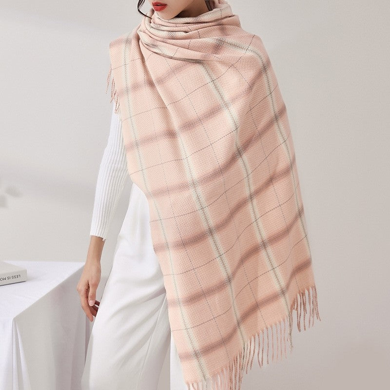 Imitated Cashmere Warm Plaid Tassled Shawl Scarf