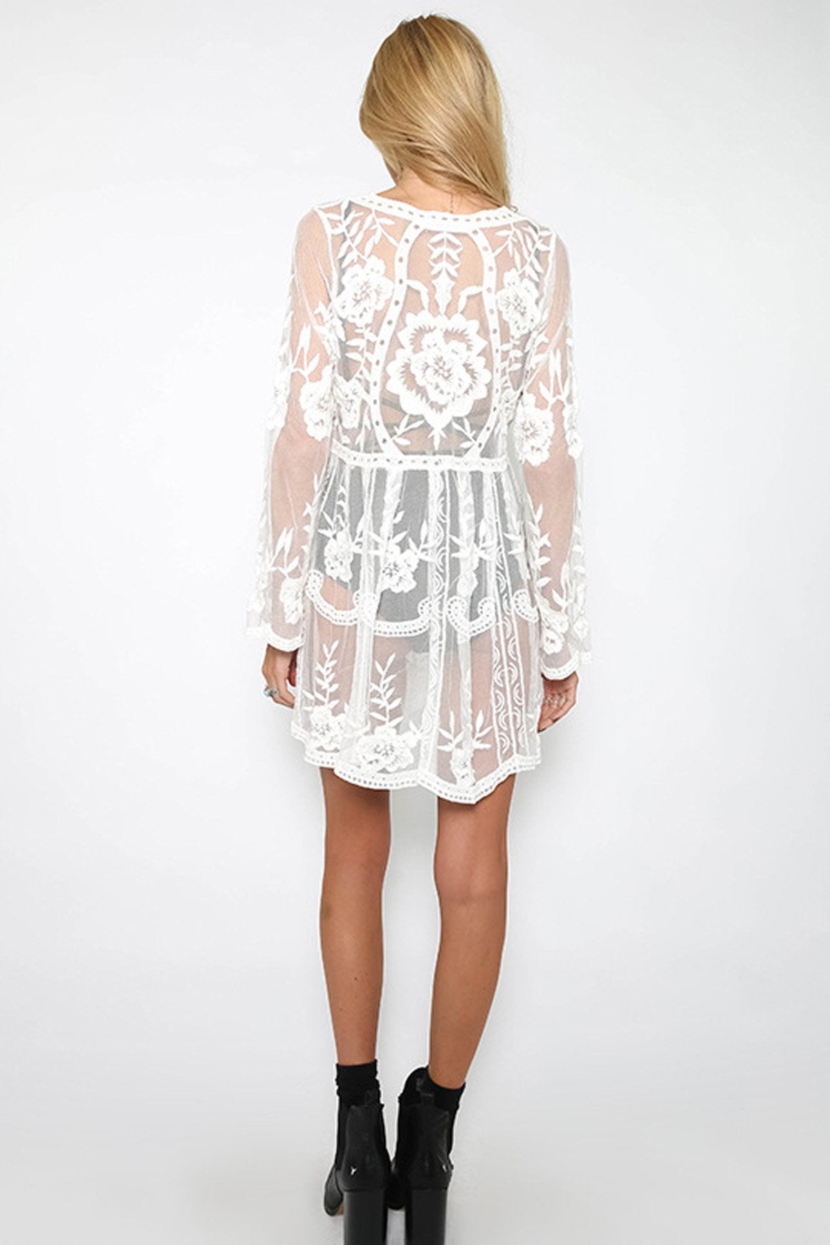 Pure Color Bohemian Lace Transparent Long Trumpet Sleeves Short Dress