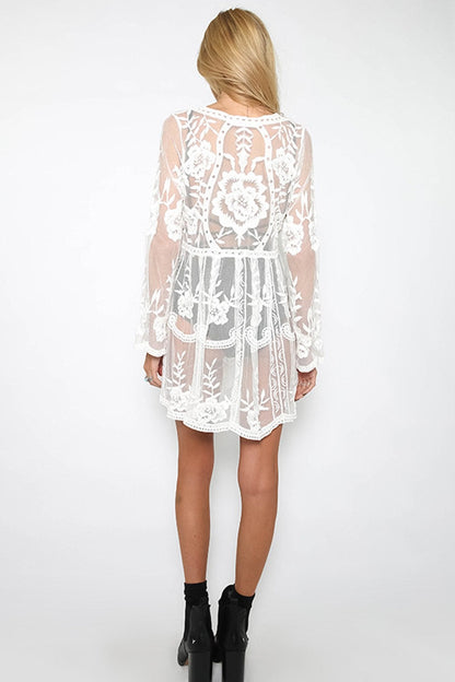 Pure Color Bohemian Lace Transparent Long Trumpet Sleeves Short Dress