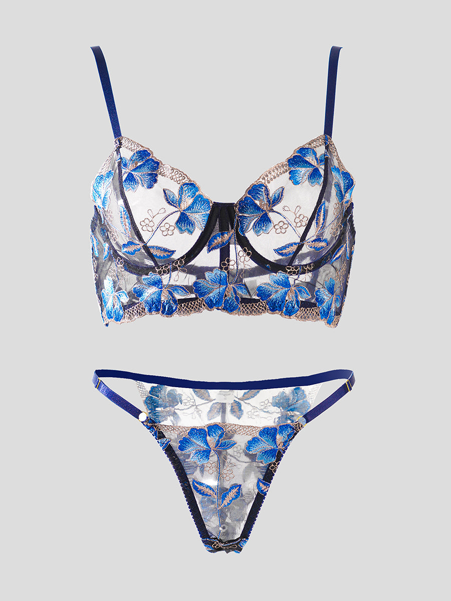 Free Shipping For Blue Floral Embroidery Widen Side Lingerie Set