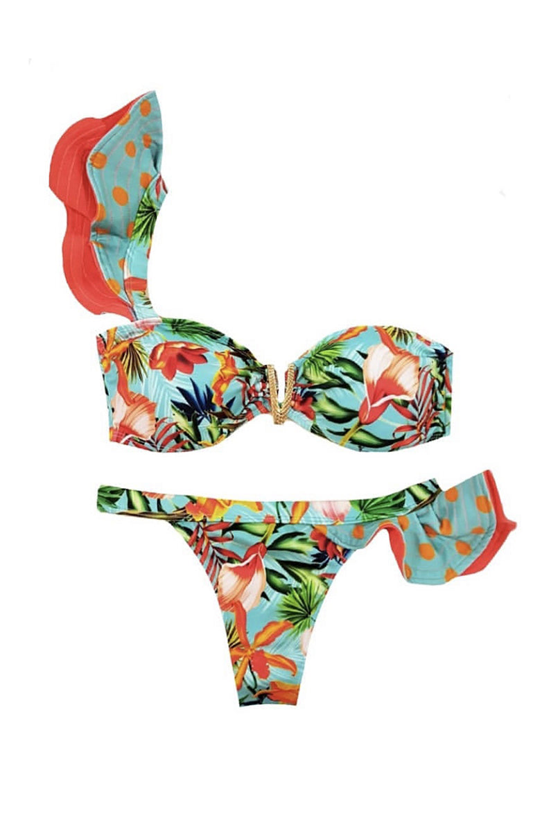 Free Shipping For Blue Tropical One Shoulder Ruffle Bikini Set