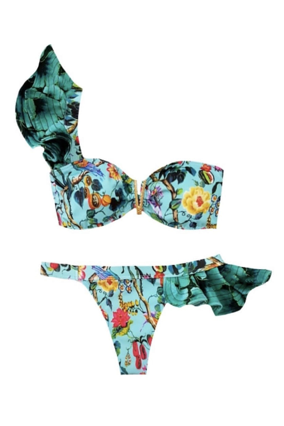 Free Shipping For Blue Floral One Shoulder Ruffle Bikini Set