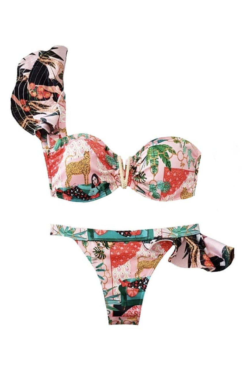 Free Shipping For Pink Tropical Print One Shoulder Ruffle Bikini Set