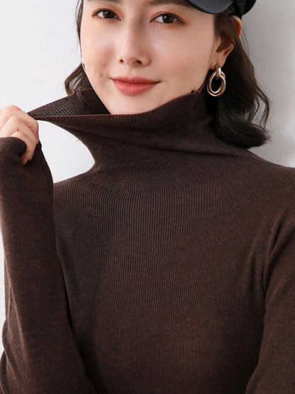 Simple Skinny Long Sleeves Solid Color High-Neck Sweater Tops Pullovers-Homeunderwear