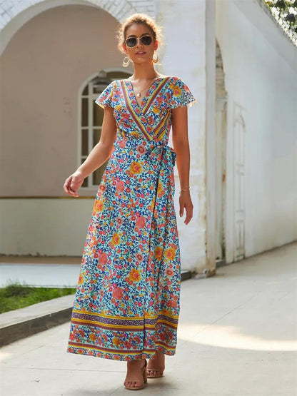 Bohemian Style Wrap Maxi Dress In Mint & Orange Floral Print