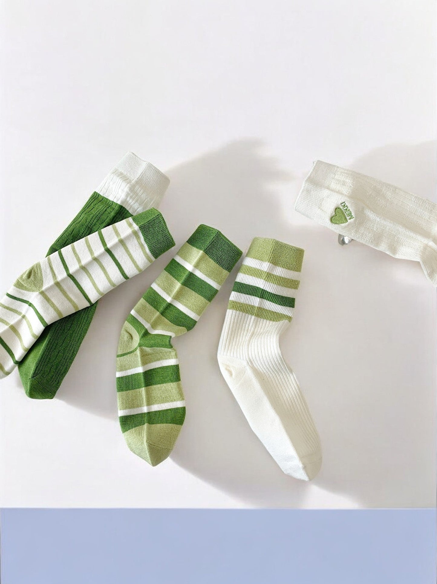 Women's Striped and Heart Embroidered Socks in Green Tones