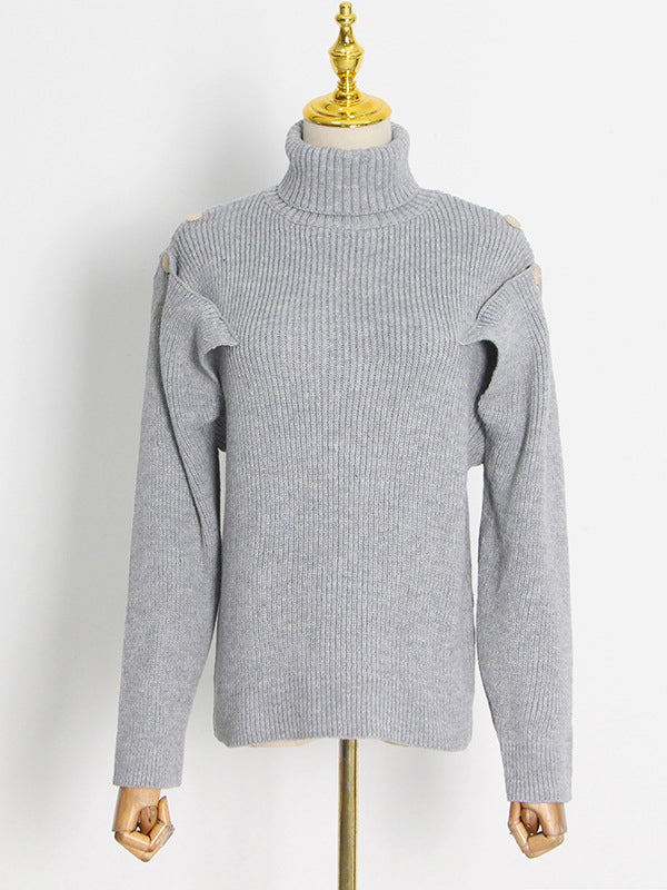 Casual Long Sleeves Loose Hollow Solid Color High-Neck Sweater Tops