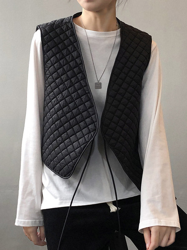 Casual Sleeveless Rhombic Quilted Lace-Up Asymmetric V-Neck Vest Top