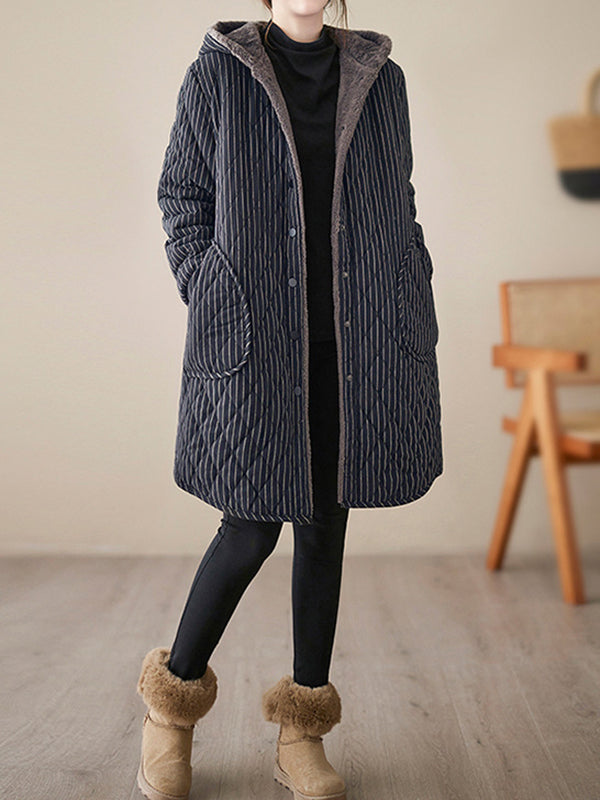 Artistic Retro Long Sleeves Loose Buttoned Keep Warm Plaid Hooded Outerwear