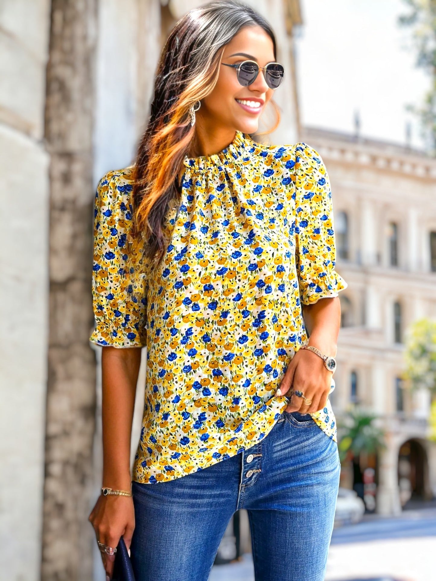 Floral High Neck Vintage Blouse