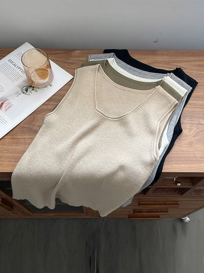 Casual Sleeveless Elasticity Solid Color U-Neck Vest Top-Homeunderwear