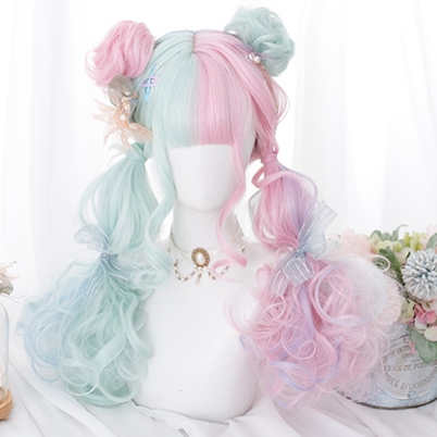 Free Shipping For Hivava Japanese Harajuku Pink Mint Mixed Princess Wig Kawaii Daily Long Curly Hair Lolita Wig