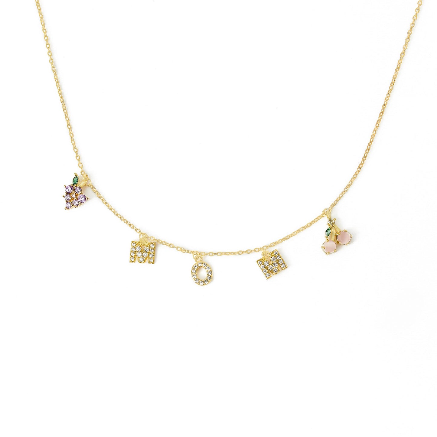 Free Shipping For Golden Plated Fruits "MOM" Letters Diamond Necklace