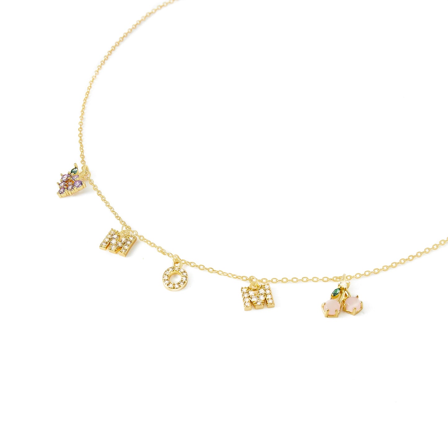 Free Shipping For Golden Plated Fruits "MOM" Letters Diamond Necklace