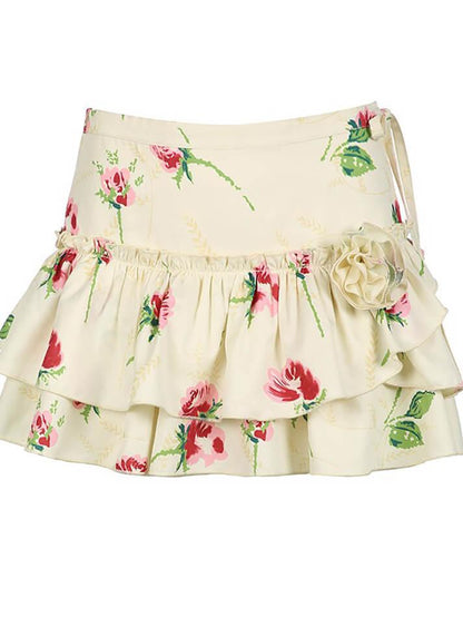 Ruffle Tie Floral Short Skirt