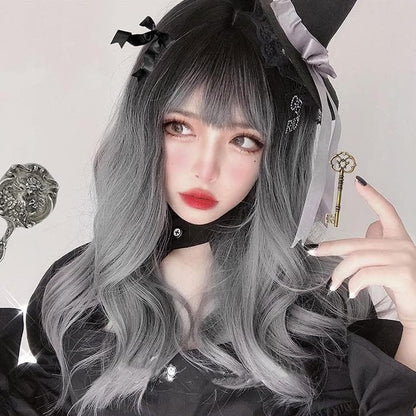 Free Shipping For Hivava Black Gray Gradient Cute Girl  Large Wavy Curl Wig