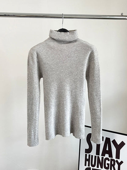 New Fashion Casual Long Sleeves Skinny Solid Color High-Neck Sweater Tops-Homeundewear