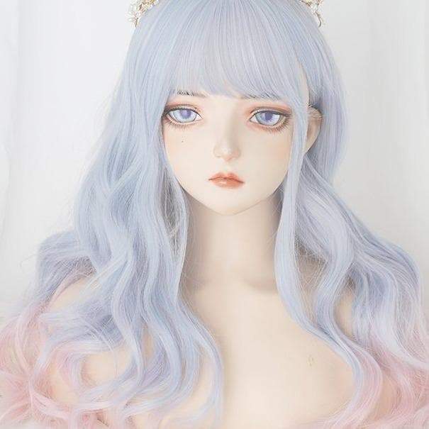 Free Shipping For Hivava Aqua Blue Gradient Neat Bang Long Curly Wig