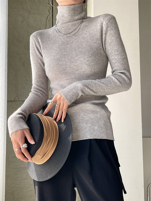 New Fashion Casual Long Sleeves Skinny Solid Color High-Neck Sweater Tops-Homeundewear