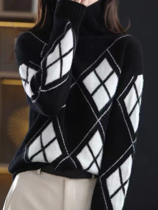 Casual Long Sleeves Loose Plaid High-Neck Sweater Tops-Homeunderwear