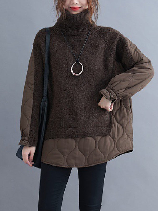 Vintage Long Sleeves Loose Quilted Split-Joint High-Neck Sweater Tops