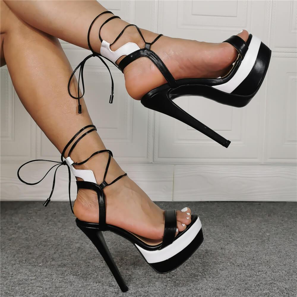 Black-White Multi Platform Strap High Heel Sandals